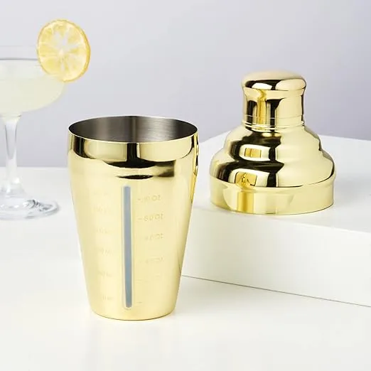 Viski Gold Measured Heavyweight Cocktail Shaker, Stainless Steel Drink Mixer, with Bar Strainer, Professional Shaker for Martini and Margarita, Gold Plated, 14 oz