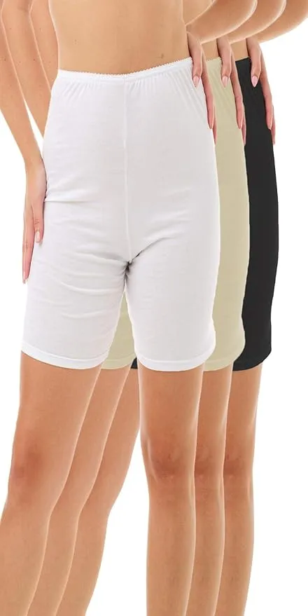 Underworks Womens 100% Cotton Cuff Leg Boy-Leg Brief Bloomers Pettipants Slip Shorts 8-inch Inseam 3-Pack