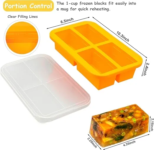 Bangp 1-Cup Silicone Freezer Trays with Lid,2 Pack,Easy-Release Silicone Freezer Containers,Soup Freezer Molds,Freeze and Store Soup,Broth,Sauce,Leftovers - Makes 8 Perfect 1 Cup Portions