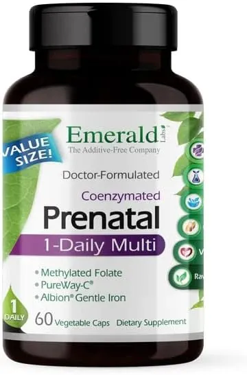 EMERALD LABS Prenatal 1-Daily Multi - Prenatal Multivitamin with Methylated Folate, Iron, Whole-Food Blend & More - Soy-Free, Gluten-Free - 60 Vegetable Capsules