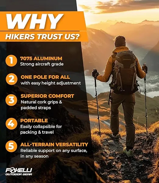 Foxelli Trekking Poles – Lightweight Collapsible Trekking Poles for Hiking Men & Women, Perfect Balance & Support for Seniors