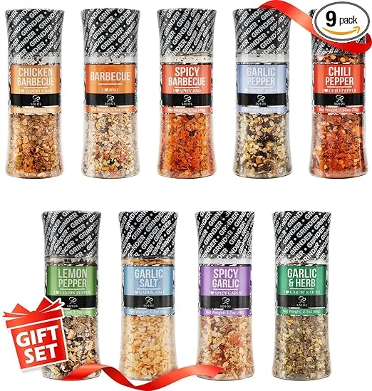 Soeos Spice Seasoning Set of 9 with Integrated Grinders, Individual Spice Grinder, Pure and Fresh Perfect for BBQ Seasoning Gift Set, Grilling Spice, Pepper Grinder,colorful
