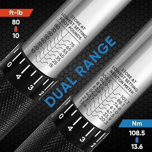 TICONN 3/8-inch Drive Click Torque Wrench, 10-80 ft-lb, SAE/Metric Dual Range Engraved Mechanical Wrench, Chrome Vanadium Steel