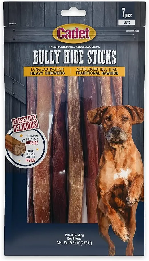 Cadet Bully Hide Sticks for Small, Medium and Large Dogs – All-Natural Beef Pizzle, High Protein, Low Fat, Long-Lasting, Grain & Rawhide-Free Dog Chews for Aggressive Chewers, Large (7 Count)