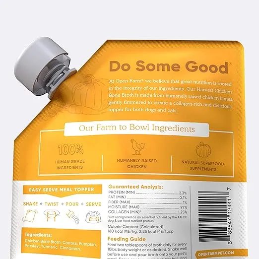 Open Farm Bone Broth, Food Topper for Both Dogs and Cats with Responsibly Sourced Meat and Superfoods Without Artificial Flavors or Preservatives, 12oz (Harvest Chicken)