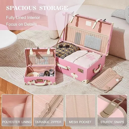 UNIWALKER Vintage Pink Luggage Set, 2 Piece Retro Suitcase with Spinner Wheels TSA Lock and Carry On Train Case for Women