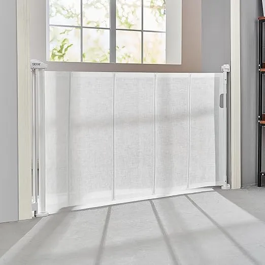 VEVOR Baby Gate Dog Gate Retractable for Stairs Indoor, Extends up to 60" Wide Mesh Dog Gate for Doorways, 34" Tall Safety Dog Gates for The House, Easy to Use Pet Gate for Stairway & Ourdoors, White