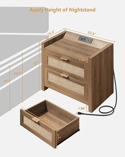 SICOTAS Rattan Nightstand End Table : Wood Night Stand with Type-C Charging Station,2 Drawers Storage - Boho Night Stands Bedside Table for Bedroom - Natural Oak