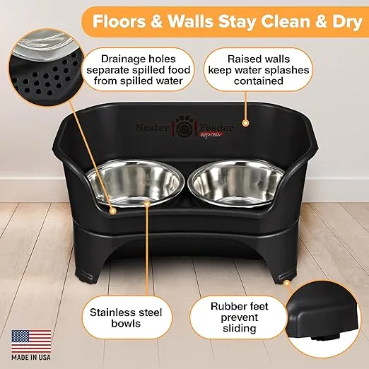 Neater Feeder - Express Model - Mess-Proof Dog Bowls (Medium/Large, Midnight Black) – Made in USA – Elevated, No Spill, Non-Tip, Non-Slip, Raised Stainless Steel Food & Water Pet Bowls