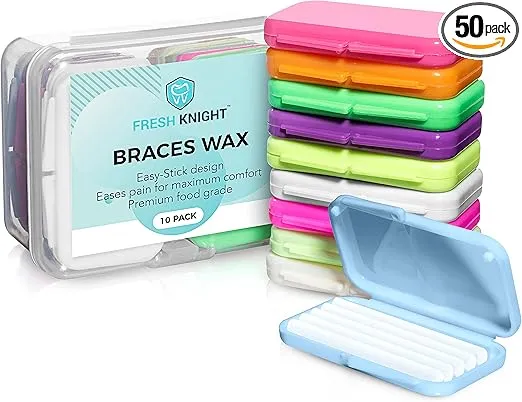Braces Wax, 50 Premium Orthodontic Strips - Unscented & Flavorless with Color Cases and Storage. 10 Pack, Fresh Knight (Colors)