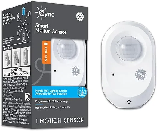 GE CYNC Wireless Smart Motion Sensor, Battery-Powered, Bluetooth Motion Sensor with Ambient Light Detection, Works with CYNC Smart Plugs, Switches and Bulbs, White
