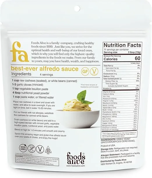 Foods Alive Non-Fortified Premium Nutritional Yeast Flakes, 6 Ounce Unfortified Vegan Cheese Powder Seasoning