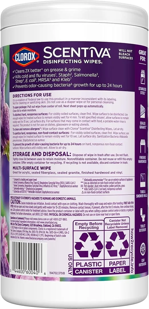 Clorox Scentiva Bleach-Free Disinfecting Wipes, Tuscan Lavender & Jasmine