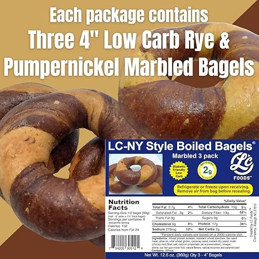 Low Carb NY Style Marbled Bagels (3 pack) | All Natural | High Protein & Fiber | No Sugar | Keto | Handcrafted | Fresh Baked | Diabetic Friendly | Perfect for Breakfast (12.6 Oz)