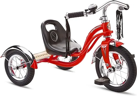 Schwinn Roadster Bike for Toddler, Kids Classic Tricycle, Low Positioned Steel Trike Frame with Bell and Handlebar Tassels, Rear Deck Made of Genuine Wood, for Boys and Girls Ages 2-4 Year Old, Red