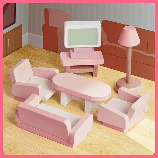 FUN LITTLE TOYS 4 Set Wooden Doll House Furniture, 22 PCs Dollhouse Accessories, Pink Wooden Toys
