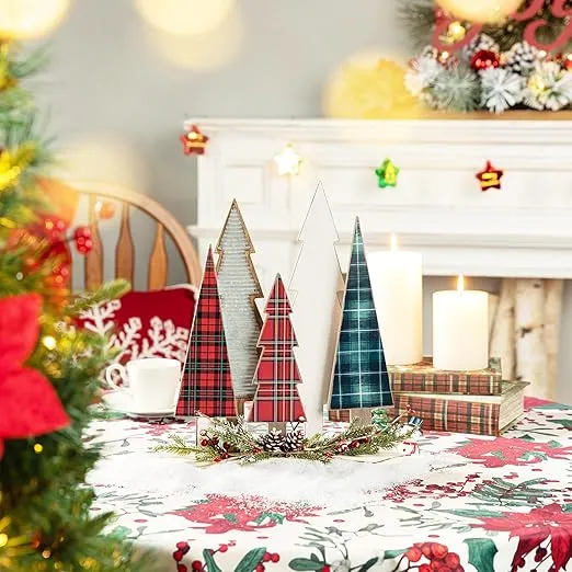 Glitzhome 14 Inch Wooden Christmas Trees Table Decor, Farmhouse Christmas Trees with Berries Pine Cone, Holiday Decoration Christmas Tabletop Tree Shape Centerpiece