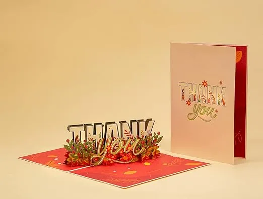 Paper Love 3D Thank You Pop Up Card, For All Occasion, Thanksgiving, Gratitude or Just Because - 5" x 7" Cover - Includes Envelope and Removable Note Tag