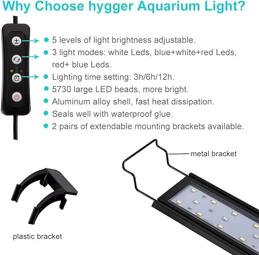 hygger 16W Full Spectrum Aquarium Light with Aluminum Alloy Shell Extendable Brackets, White Blue Red LEDs, External Controller, for Freshwater Fish Tank (24-30 inch)
