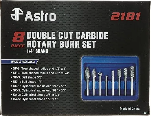 Astro Pneumatic Tool 2181 8-Piece Double Cut Carbide Rotary Burr Set 1/4" Shank in Blow Molded Case