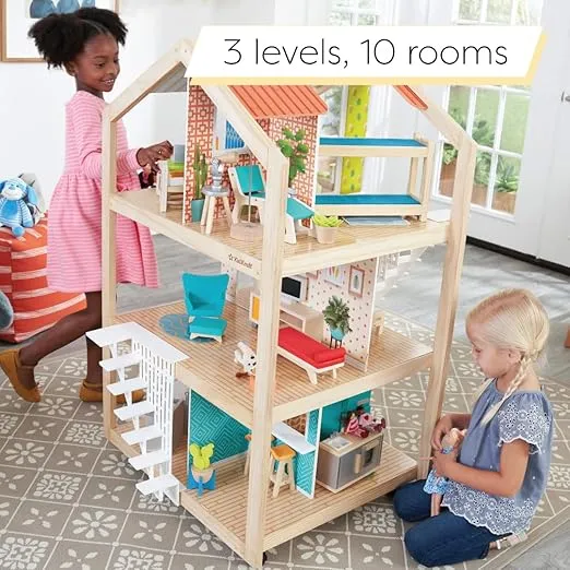 KidKraft So Stylish Mansion Wooden Mid-Century 360-Play Dollhouse with Wheeled Base and 42 Accessories, Gift for Ages 3+