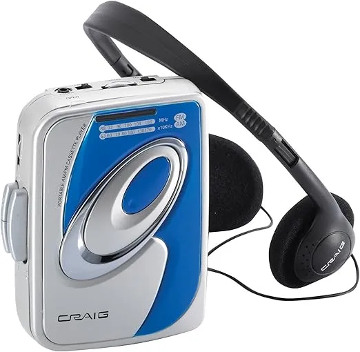Craig CS2301A Personal Cassette Player with AM/FM Stereo Radio and Headphones in Grey and Silver | Removable Belt Clip | 3 Keys Button | DC Operation |