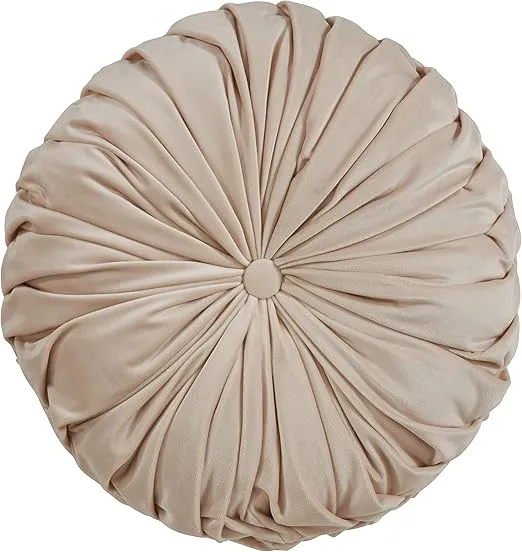 SARO LIFESTYLE Madison Collection Round Velvet Pintucked Throw Poly Filled Pillow, 14", Natural