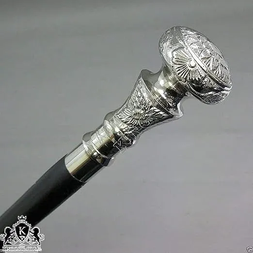 Vintage Antique Walking Cane Wooden Walking Stick Silver Brass Handle Knob Gift, 39 Inch, Black