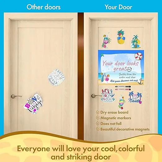 Cruise Door Decorations Magnetic Set - Large Magnetic Dry Erase Board 11x13 Inch, 6 Fun Cruise Door Magnets, 2 Magnetic Markers & Eraser
