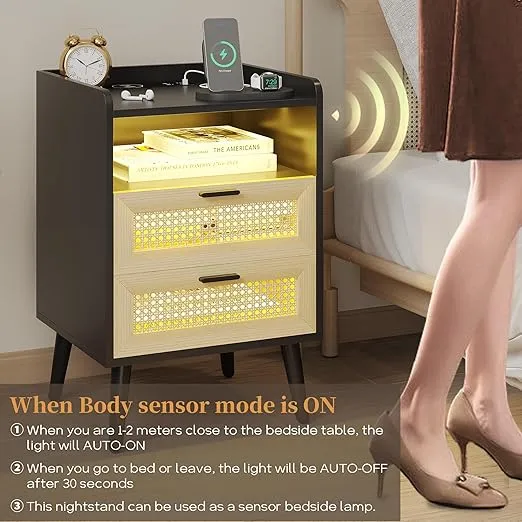 Vlskra Black Rattan Nightstand with Charging Station, Boho Night Stand with 2 Storage Drawers, Wooden Side Table with LED Light, 3 Colors Dimmable Lighting, Human Sensor Light
