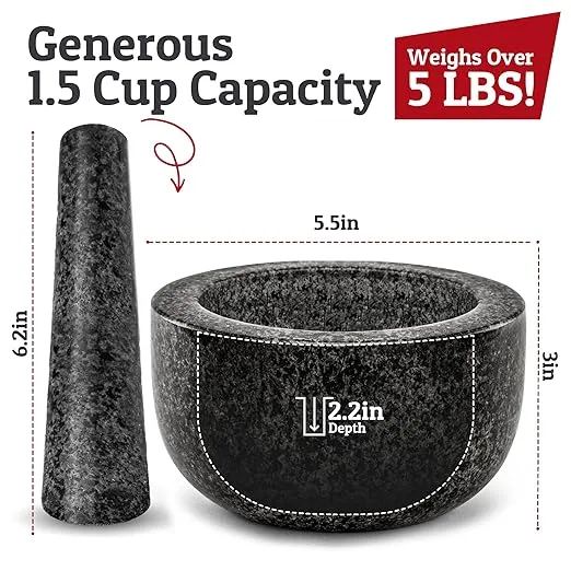 Heavy Duty Large Mortar and Pestle Set, 100% Granite, Non Slip Base, Make Fresh Guacamole, Salsa, Pesto, Stone Grinder Bowl, Herb Crusher, Spice Grinder, 1.5 Cup, 5.5 Inch Size, Black