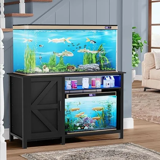 YITAHOME Aquarium Stand with Power Outlets, 55-75 Gallon Fish Tank Stand, Cabinet with RGB Light Strip Suitable for Turtle Tank, Reptile Terrarium, 900LBS Capacity, Black