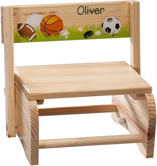 Fox Valley Traders Personalized 2-in-1 Children's Step Stool and Chair, Customized with Kid’s Name, Sports Design