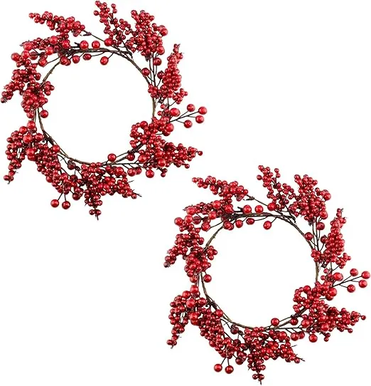 AuldHome Design Christmas Greenery Candle Wreaths (2-Pack, Red Berry); Holiday Winter and Wedding Decor Candle Rings