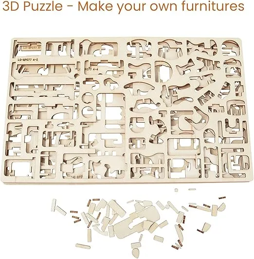 BOHS 34-Piece Dollhouse Furniture Set - Laser Cut Wooden 3D Puzzles - Miniature Doll House DIY Models and Accessories
