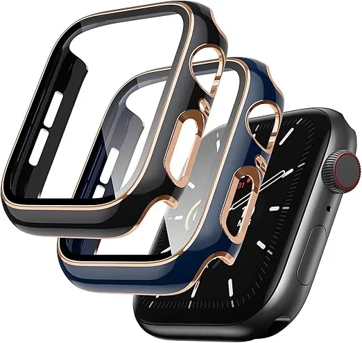 LovRug 2 Pack Cases Compatible with Apple Watch Case 41mm Series 7/8/9 Built in Tempered Glass Screen Protector Ultra-Thin Bumper Full Coverage iWatch Protective Cover for Women Men (Black/Blue)