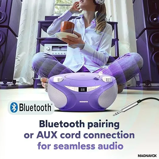Magnavox MD6949 Portable Top Loading CD Boombox with AM/FM Stereo Radio and Bluetooth Wireless Technology in Black | CD-R/CD-RW Compatible | LED Display | (Purple)