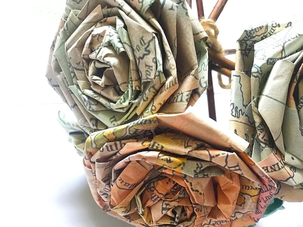 Vintage Map Paper Rose Bouquet Vintage Home Decor Artificial Flora Flowers Gift for Her Him Travel Themed Destination Wedding Paper Flower Bouquets Handmade (Bunch of 5-6)