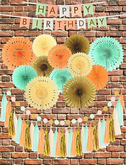Pink Green White Happy Birthday Wall Banner| Mint Gold Glitter Peach Cream Paper Bundle with Birthday Queen Sash and Tiara, Birthday Girl Headband, Accessories