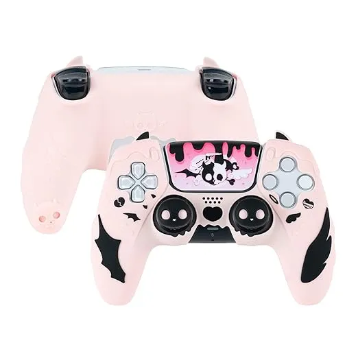 GeekShare PS5 Controller Skin Set,Anti-Slip Silicone Protective Cover for PlayStation 5 Wireless Controller,with 2 Thumb Grip Caps and 2 Stickers - Sweetheart Skull (Pink)