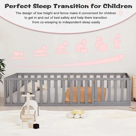 Twin Size Floor Bed for Kids, Wood Montessori Floor Beds with Guardrails & Detachable Door, Multifunctional Montessori Bed Frame for Boys Girls, Standard Size, No Weight Limit, Easy Assemble, Gray