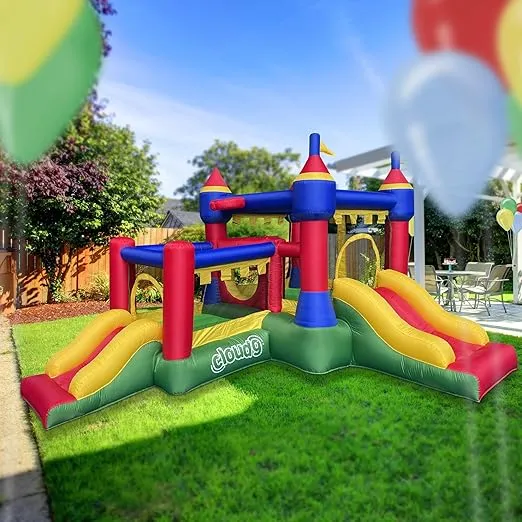 Cloud 9 Inflatable Castle Bounce House with Blower, Bouncer for Kids with Two Slides and Jumping Areas