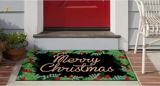 Liora Manne Natura Merry Christmas Holly Black Outdoor Welcome Coir Door Mat, 1'5" x 2'6"