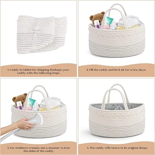 luxury little Diaper Caddy Organizer, Large Cotton Rope Nursery Baby Basket, Changing Table Organizer for Baby Diaper Storage, Portable Car Organizer with Removable Divider, Baby Shower Gifts - White