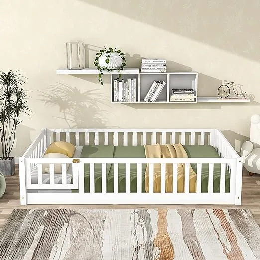 i-POOK Full Size Floor Bed for Children, Solid Wood Montessori Bed Frame with Fence & Door Montessori Floor Bed with Safety Guardrails for Girls and Boys, White (with Bed Slats)