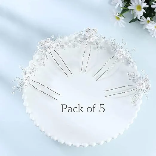 Yean Silver Bride Wedding Hair Pins Flower Bridal Hair Pieces Rhinestone Hair Accessories Prom Hair Clips for Women and Girls(Pack of 5)