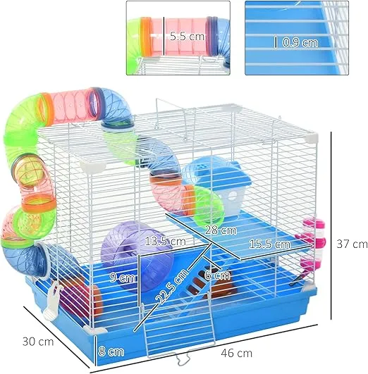 PawHut 2-Level Hamster Cage Rodent Gerbil House Mouse Mice Rat Habitat Metal Wire with Exercise Wheel, Play Tubes, Water Bottle, Food Dishes, & Interior Ladder
