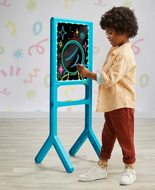 Discovery™ Glow Easel Dual-Sided Art Station – 34” Floor Standing Easel with Light Board, Whiteboard, 6 Neon Dry-Erase Markers| Detachable Drawing Tablet| Coloring Doodle Pad| Arts & Crafts for Kids