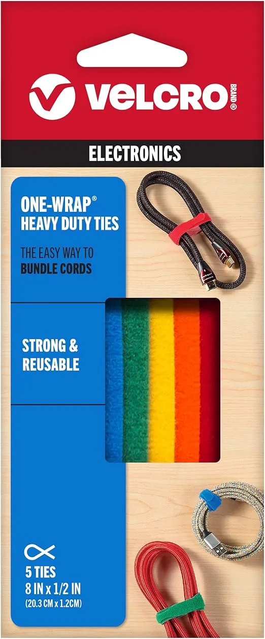 VELCRO Brand ONE-WRAP Ties | Cable Management, Wires & Cords | Self Gripping Cable Ties, Reusable | 5 Ct - 8" x 1/2" | Multi-color