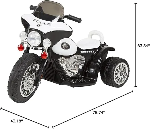 Kids Motorcycle Ride On Toy – 3-Wheel Battery Powered Motorbike for Kids 3 and Up – Police Decals, Reverse, and Headlights by Lil’ Rider (White and Black)